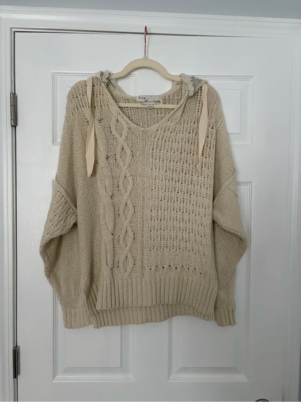 Vintage Havana Cream Cable Knit V-Neck Hoodie Sweater